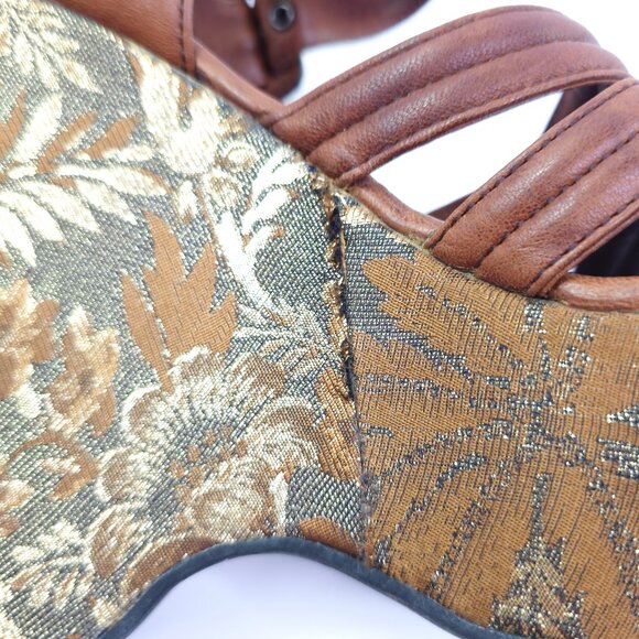 Miu Miu Women's Brown & Gold Jacquard Fabric & Leather Platform Wedge Sandals - Picture 8 of 11